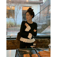 现 2025冬季新款韩国东大门少女风拼接荷叶边假两件针织衫