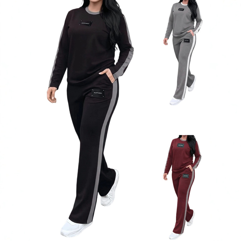 2026 European and American cross-border Amazon women's knitted fashion casual sportswear color-block long-sleeve long-pants two-piece set 2026 European and American cross-border Amazon women's knitted fashion casual sportswear color-block long-sleeve long-pants two-piece set