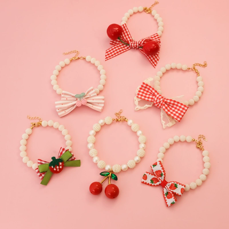 Жемчужное ожерелье для домашних животных, ошейник для кошек и собак, красный клубничный вишневый клетчатый бант, милое украшение, бесшумное