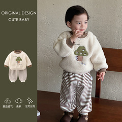 婴幼儿冬季外出服宝宝衣服秋冬款套装帅气可爱加绒卫衣长裤两件套