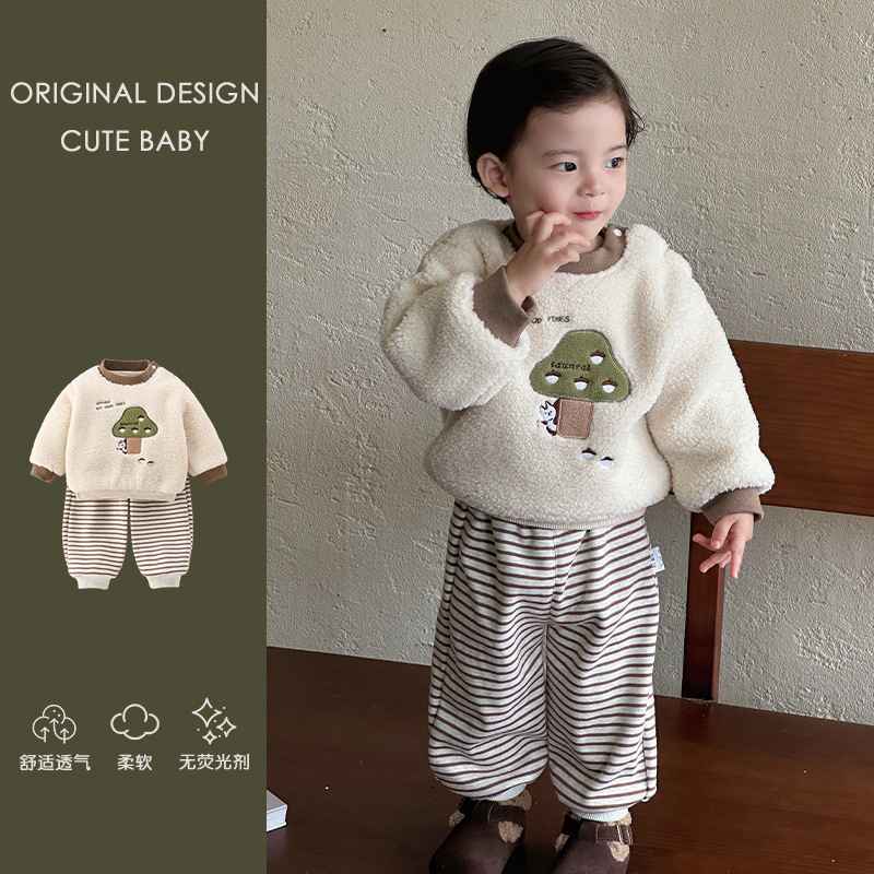 婴幼儿冬季外出服宝宝衣服秋冬款套装帅气可爱加绒卫衣长裤两件套