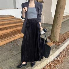 秋冬新款韩版简约高腰显瘦百褶丝绒裙女宽松A字半身裙中长款百搭