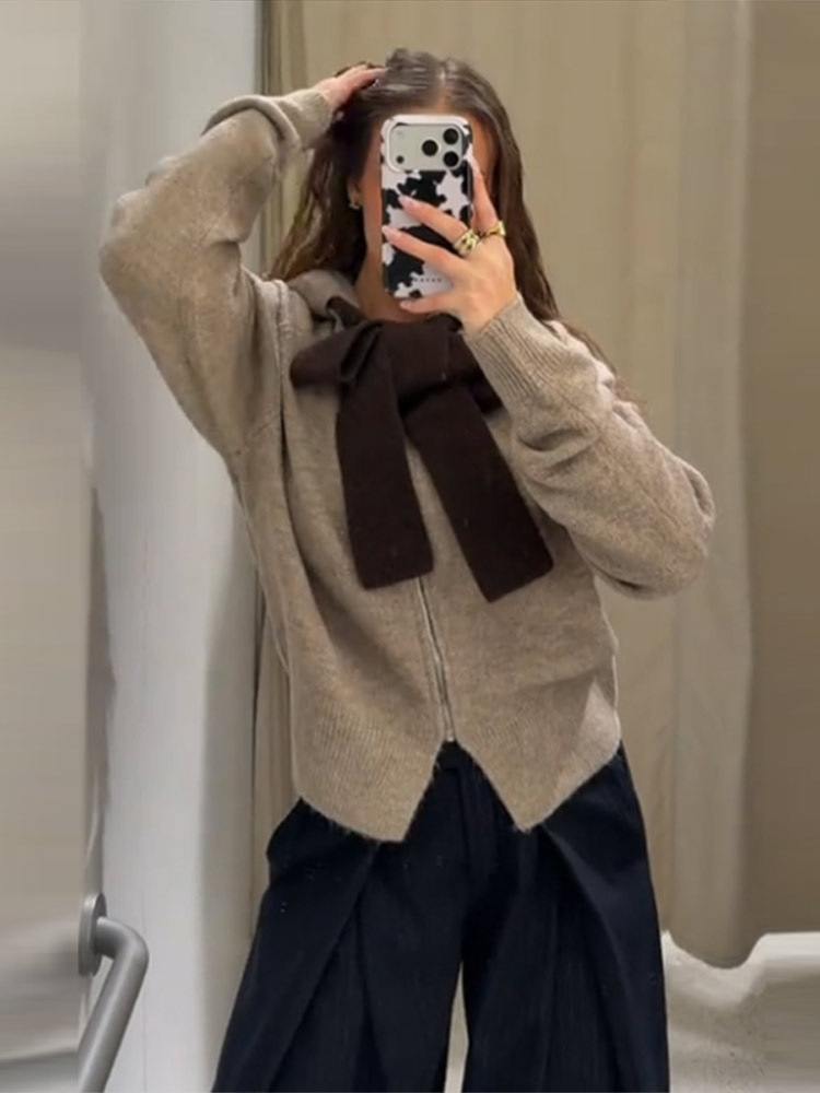 Moda coreana estilo casual de color sólido encapuchado suéter de arco cardigan 2025 cruzado Europa y los Estados Unidos nuevo caliente