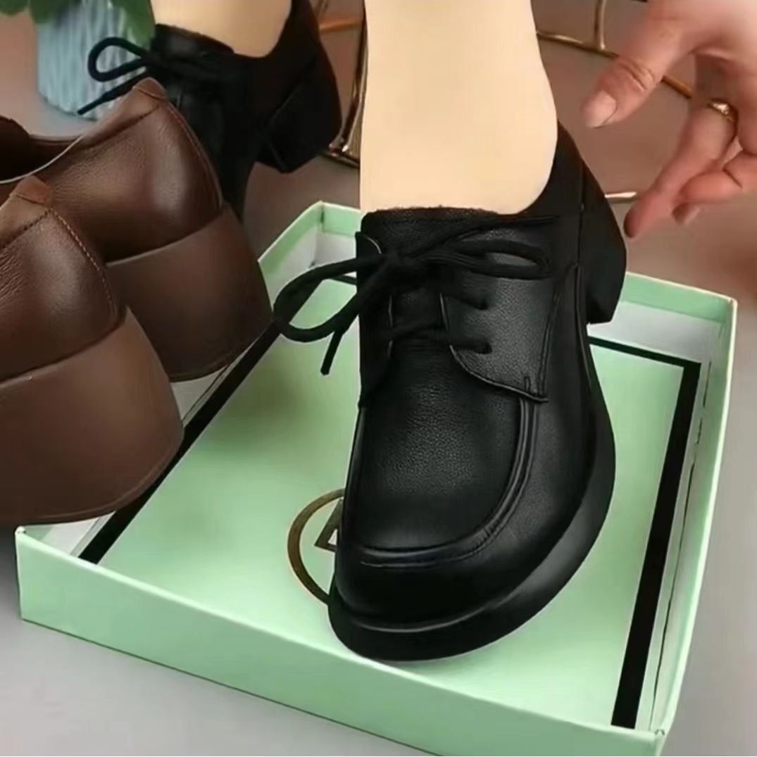 Zapatos individuales de cuero suave puro, boca profunda, tacones gruesos para mujer, tacones gruesos, suela gruesa ligera, zapatos de cuero de estilo británico con cordones, zapatos de cuero negro de todo fósforo