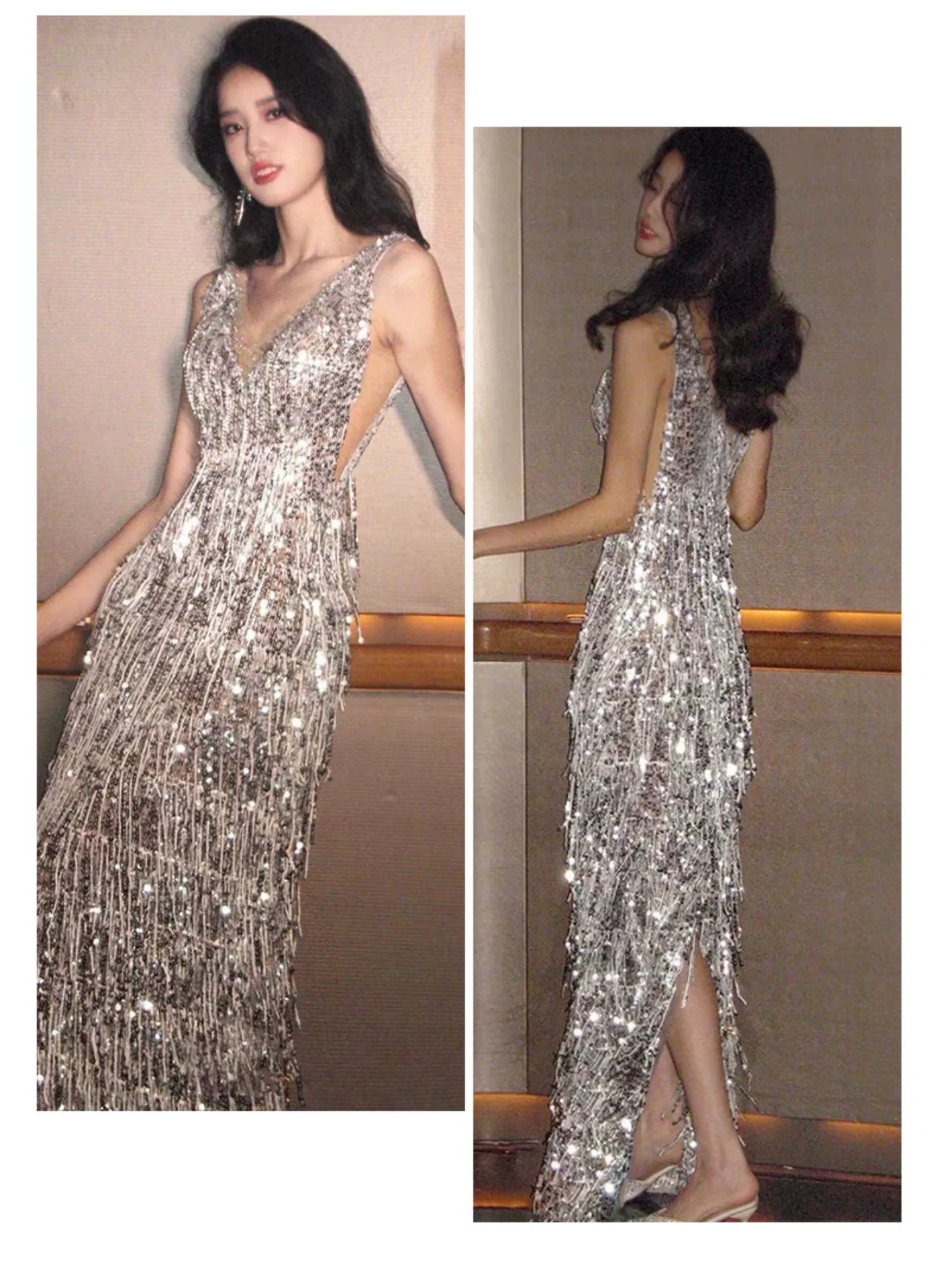 Đầm dạ hội nữ đính sequin và tua rua phong cách Pháp — Màu trắng bạc chi tiết 11