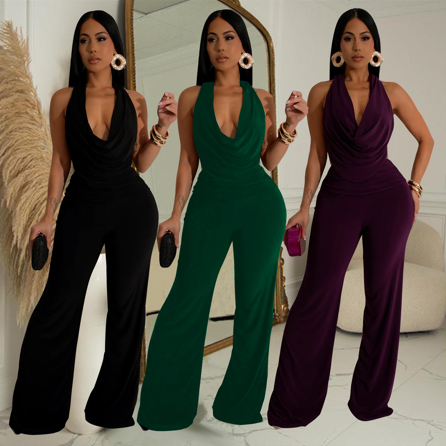 C7085 Aliexpress transfronterizo Amazon estación independiente de moda europea y americana ropa de mujer sin mangas pantalones en V profundos dos pantalones largos