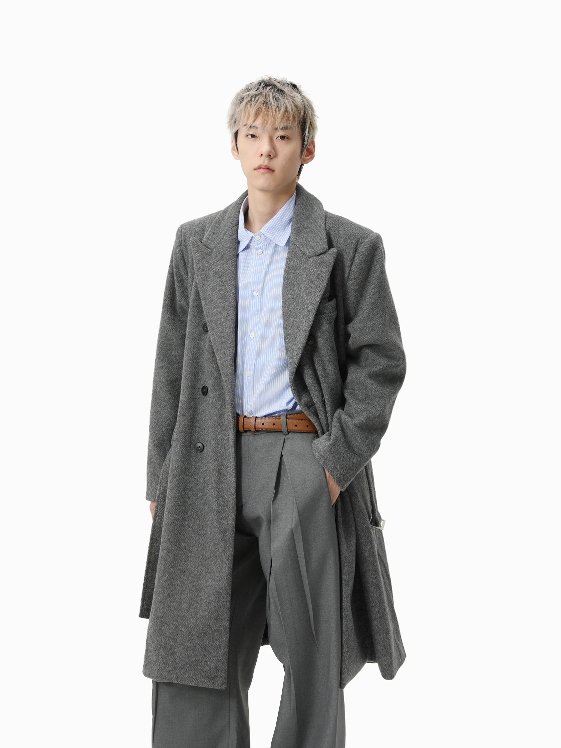 MTLCLOTHES Hombres| Abrigo de lana de estilo medio y largo con solapa inglesa no desmontable.