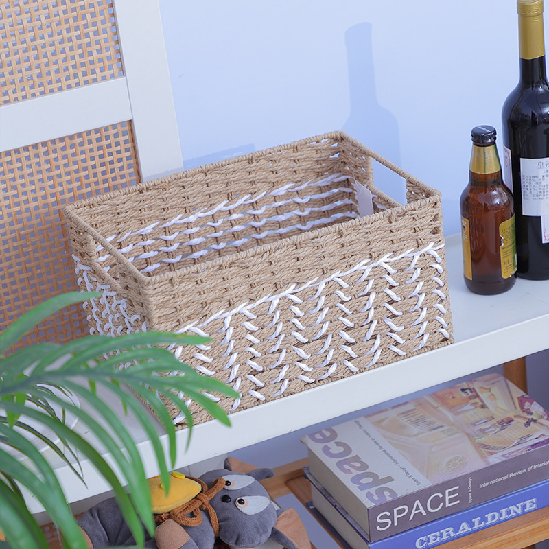 Tres botones beige almacenamiento de cuerda de papel de mano nuevo producto cuerda de papel púrpura almacenamiento de bocadillos libros juguetes cosméticos canasta de almacenamiento