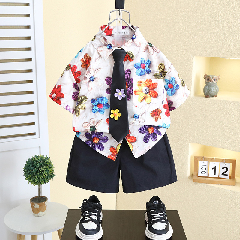 7334 Traje de verano para niños 2025 Nuevo estilo para niños Camisa de flores de manga corta delgada para bebés Pantalones cortos de dos piezas para niños