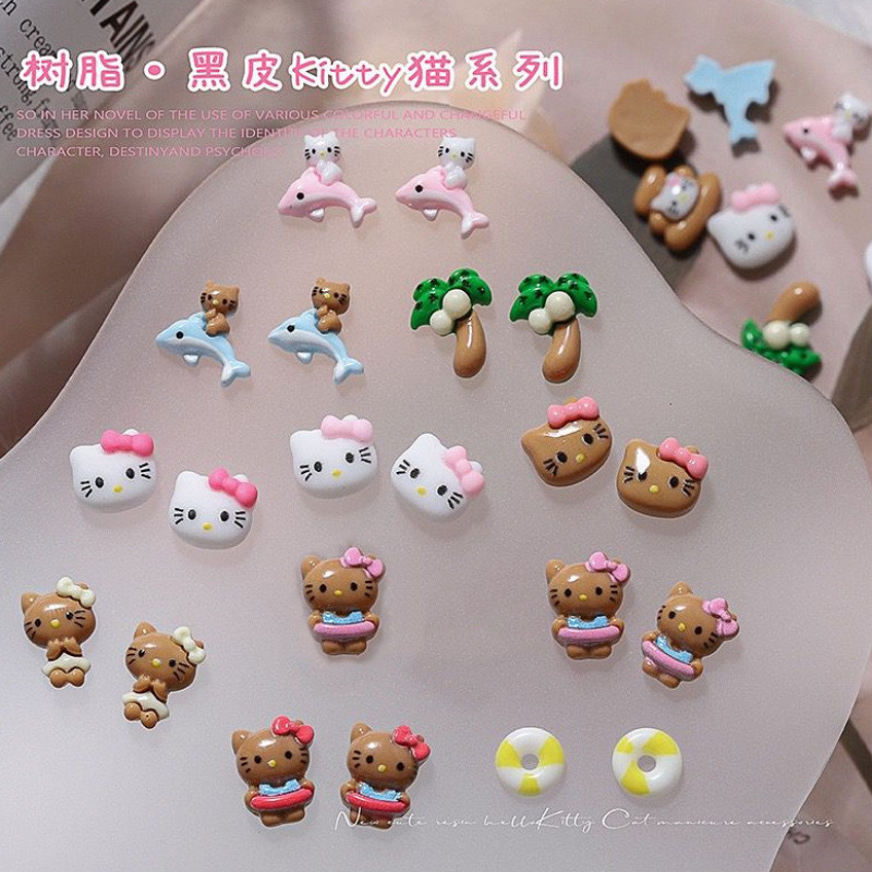 Cartoon KT Cat Nail Art Jewelry Holiday Cute Three-dimensional Coconut Tree Hawaiian Black Skin Hello Kitty Nail Decoration