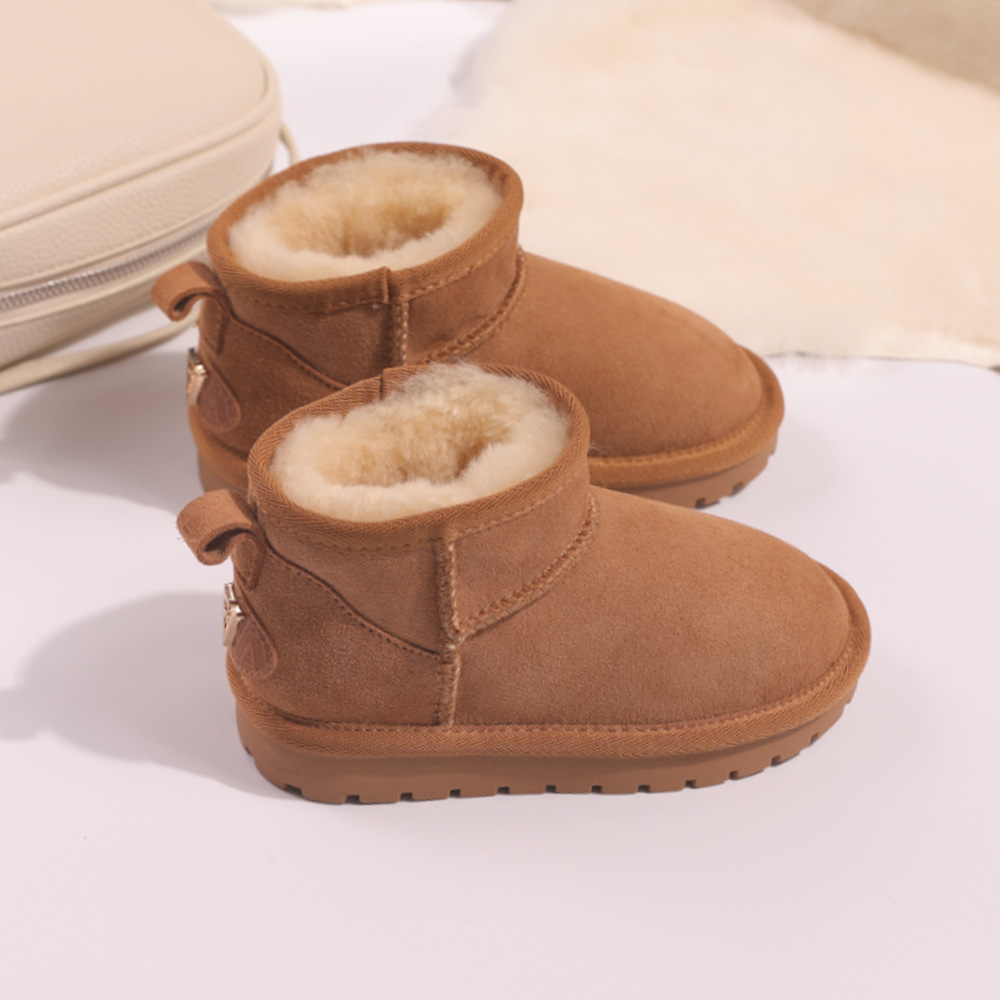 Wool One-Piece Snow Boots for Girls and Boys, Genuine Leather Waterproof Children's Cotton Shoes, Thickeneded Warm Snow Cotton Boots T026