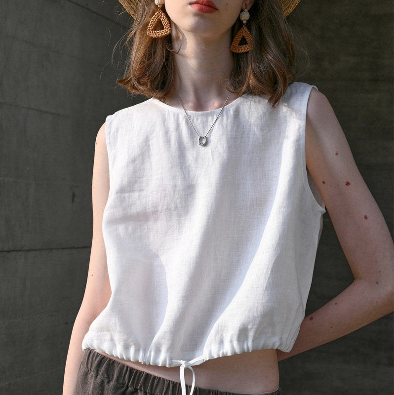 Old Money Style Pure Linen Vest for Women, Summer 26, High-End Breathable Short Sleeveless Casual Loose Crop Top in Cotton and Linen
