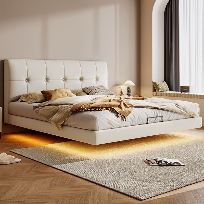 Yan Qin Cream-Style Floating Bed Master Bedroom Double Bed with Thickened Solid Wood Mortise and Tenon Bed Board, Modern Minimalist French-Style Wedding Bed