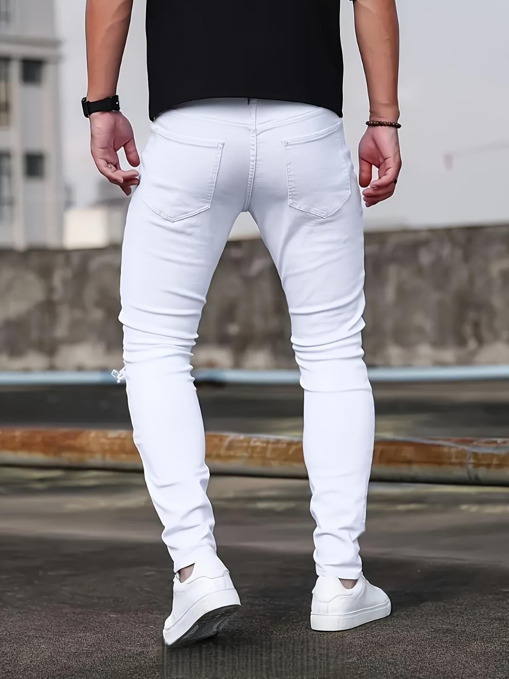 Classic Slim Fit Stretch Jeans Straight Leg Casual Men's Clothing White Stylish_mkmklike.com