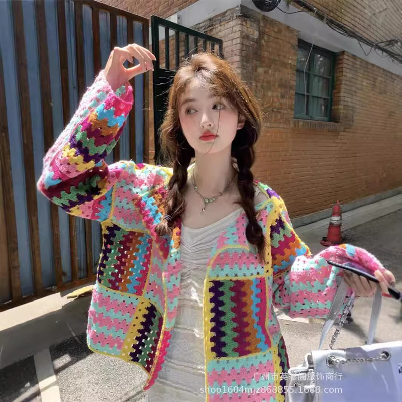 Sweet Heavy Industry Color Knitted Crochet Knitted Women's Autumn New Fashionable Loose Slim-fit Long-sleeved Sweater Cardigan Jacket
