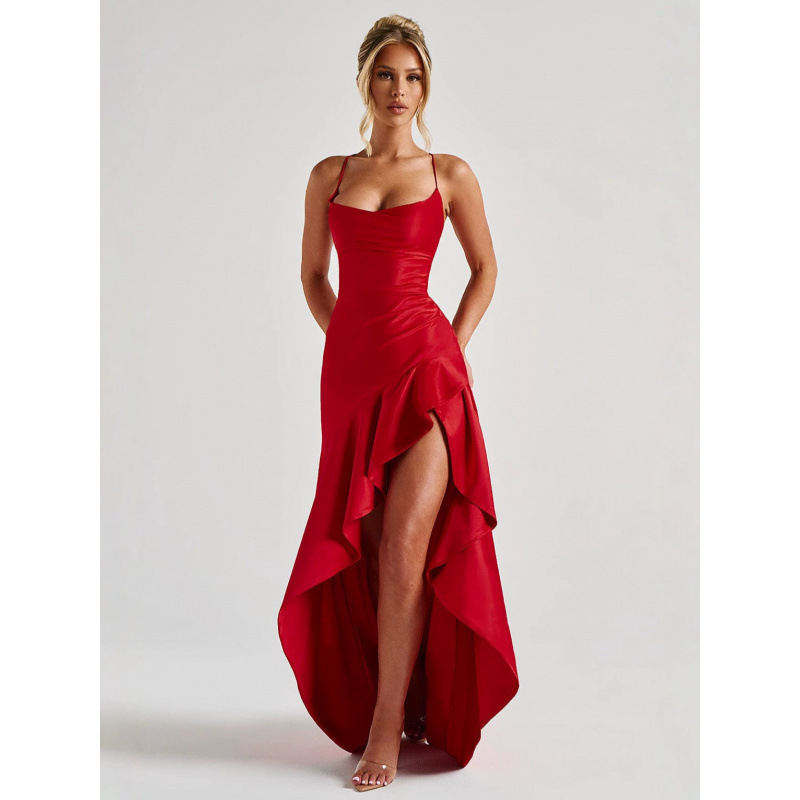 2026 European and American Cross-Border Foreign Trade Summer Hot-Selling Sexy Women's Spaghetti Strap Dress with Ruffles and Irregular Hem Evening Gown