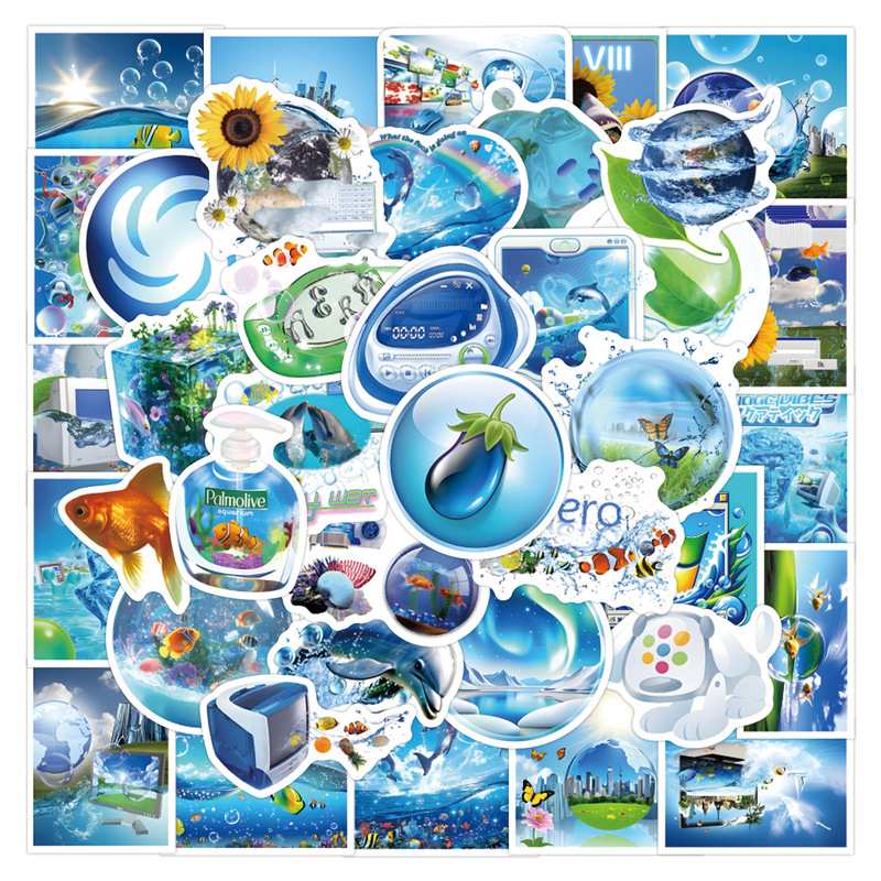 55 Pieces of Blue Ins Style Frutiger Aero Style Graffiti Stylish Small Fresh Handbook Self-Adhesive Stickers Wholesale