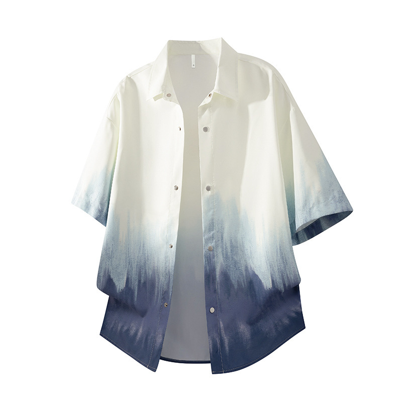 2026 Summer New Men's Large Size Shirt Tie-Dye Ink Color Loose Casual Cool Style Cross-Border Men's Shirt