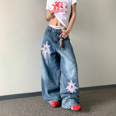 プラスサイズのハイストリートバイブスターパッチ猫ひげスモールソードジーンズ女性の夏のイントレンディなブランドフロアレングスワイドレッグパンツ