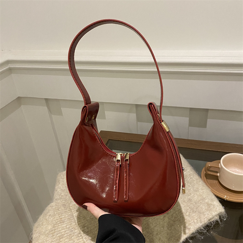 Bolsa de hombro de mujer brillante, doble cremallera, bolso de brazo, bolso de media luna, bolso de tendencia, bolso de nicho, bolso de mano.