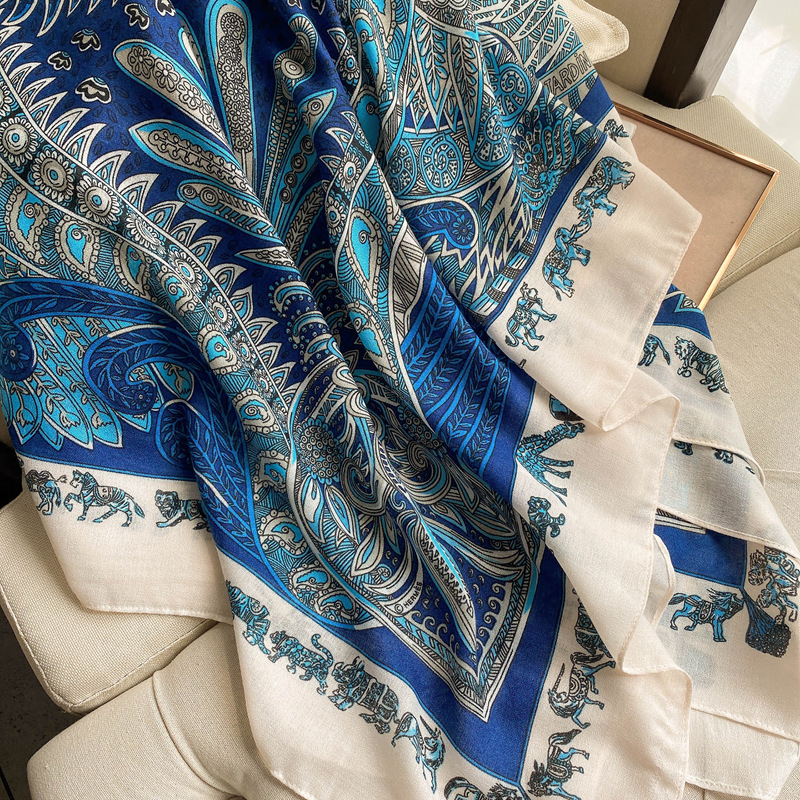Retro elegante tótem de impresión de algodón y lino sentir 135*135cm bufanda cuadrada grande viaje todo-fósforo protector solar chal bufanda de seda