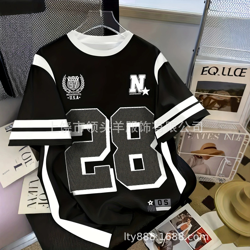 European and American Style Unisex Casual T-Shirt, Black and White Striped Digital Print Baseball-Style Short-Sleeve Top European and American Style Unisex Casual T-Shirt, Black and White Striped Digital Print Baseball-Style Short-Sleeve Top
