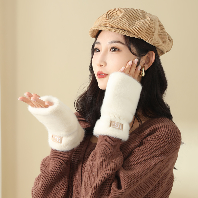 Invierno guantes de pelo de conejo de mitad de dedo femenino de peluche engrosado y veludo para montar calentado a prueba de frío de color sólido sin mangas de dedo