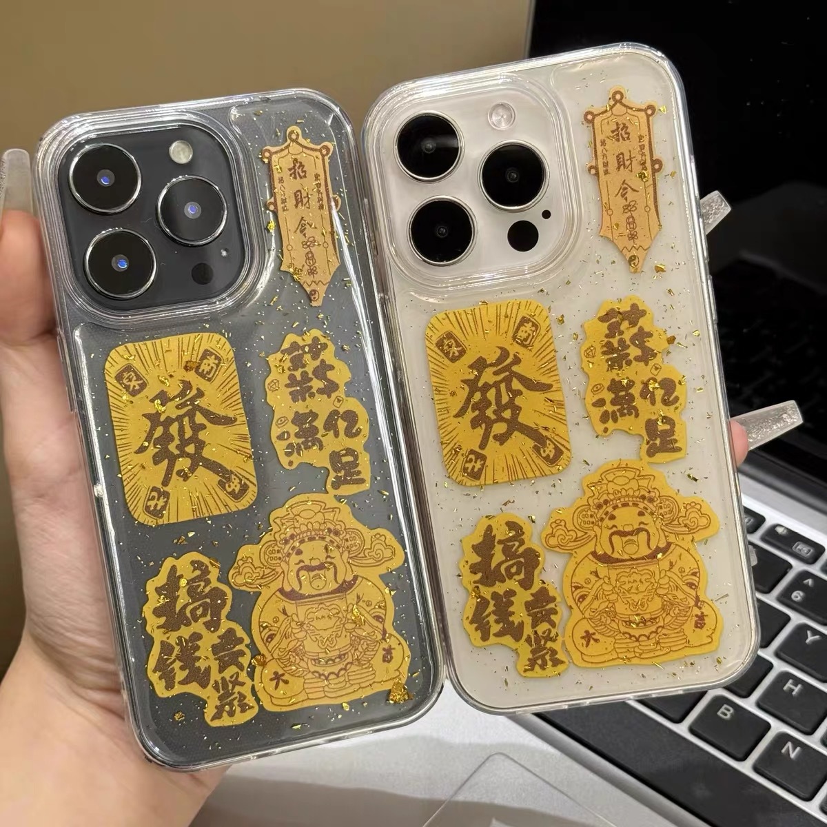 Epoxy Transparent Gold Foil God of Wealth Good Luck and Money Suitable for Apple 15/16Promax13Pro Anti-Fall Mobile Phone Case