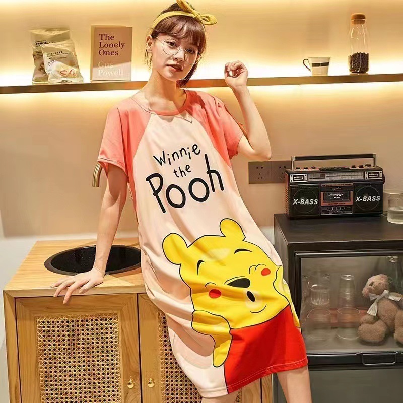 Spot falda de mujer viento perezoso talla grande camisón de mujer manga corta suelta y cómoda cuello redondo lindo vestido de casa con estampado de dibujos animados