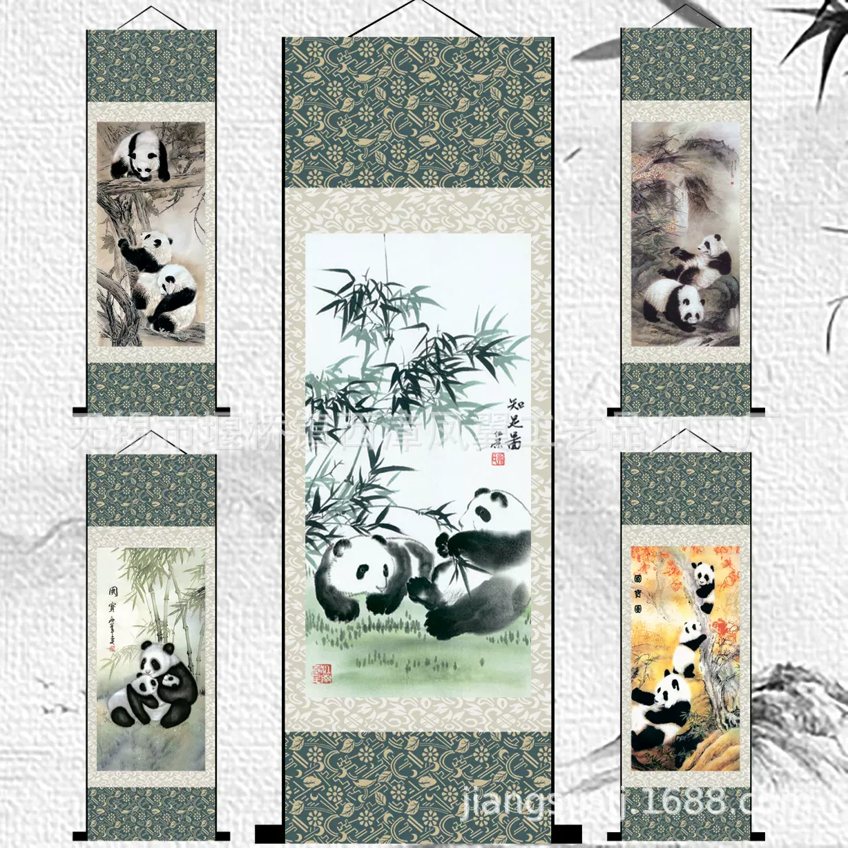 客厅办公室挂画国宝熊猫丝绸卷轴画
