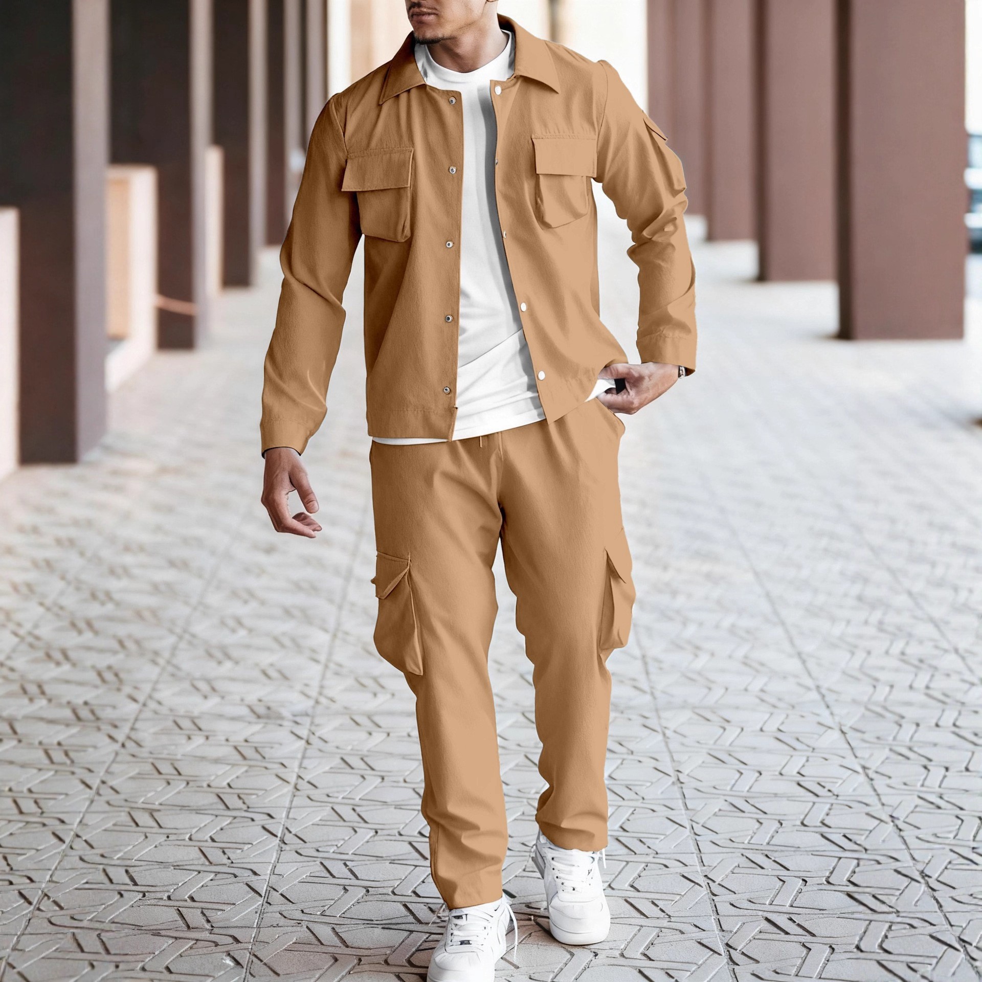 Monochrome Man- New Cross-Border European And American Spring/Autumn Fashion Multi-Pocket Jacket Set, Casual Everyday Workwear_voghion.com