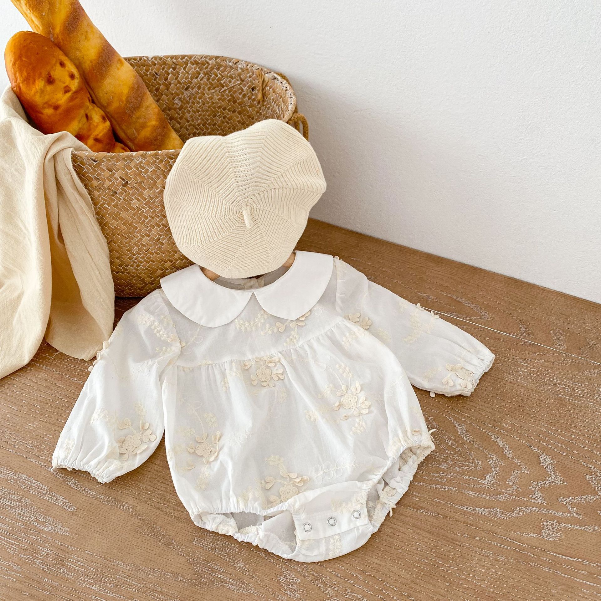 2024 Spring Girls' Long Sleeve Doll Collar Flower Embroidered Skirt+Romper Creeper Bodysuit sisters Dress_voghion.com