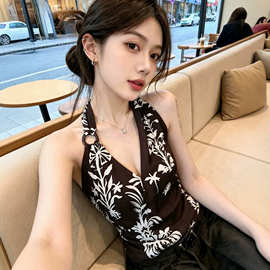 品牌折扣欧货女装印花V领挂脖吊带背心女夏季修身显瘦外穿上衣潮