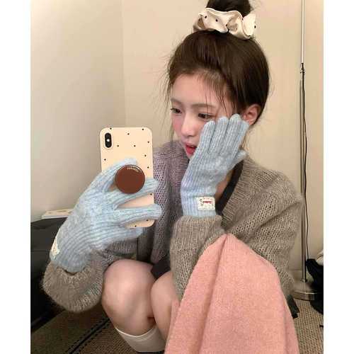 Touchscreen Thickenable Warm Gloves for Women - Winter Korean Style, Ins Knitted Outdoor Riding Cold-Proof Blue Split-Finger Gloves