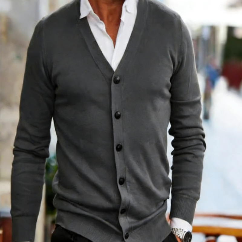 Men's Knitted Sweater, New Spring and Autumn Casual Solid Color Men's Knitted Cardigan, V-Neck Long-Sleeved Sweater, Men's Cross-Border Ready Stock