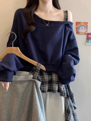 韩版斜领露肩假两件上衣女秋季新款大码胖mm减龄格子拼接打底卫衣
