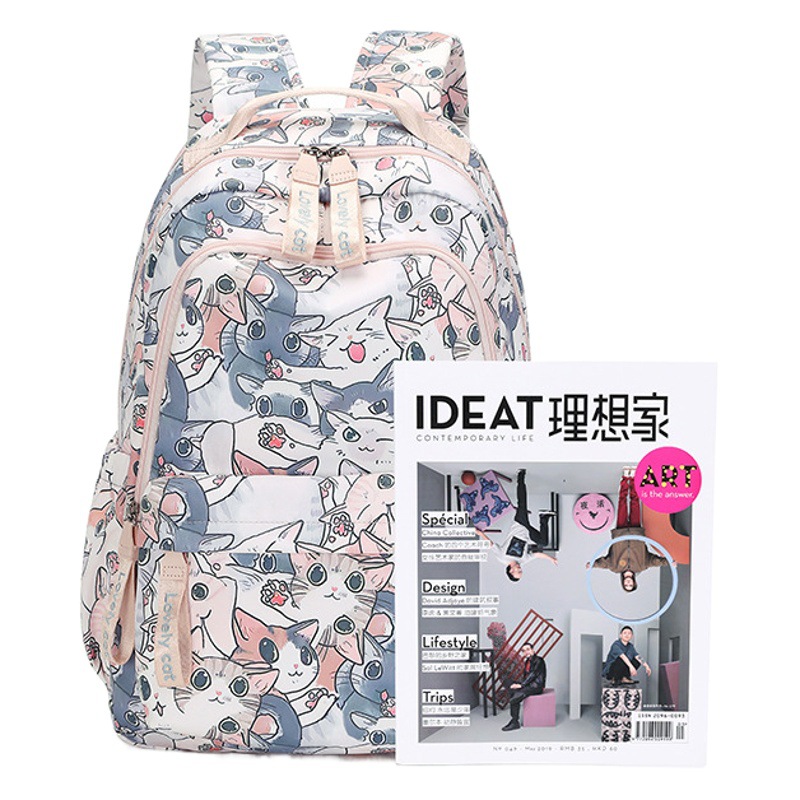 Fábrica al por mayor mochila femenina estudiante de secundaria lindo gato impresión gran capacidad impermeable chica