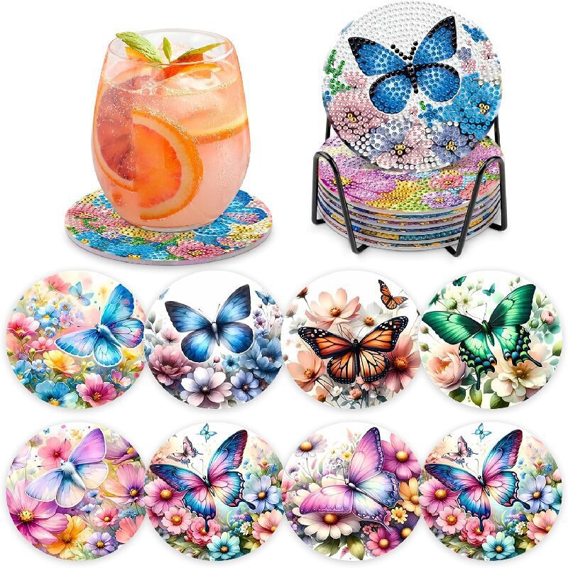 Ventas transfronterizas calientes de 8 piezas de conjunto de cojín de taza de arte de diamante, con soporte, pequeño conjunto de pintura de diamante, adecuado para adultos