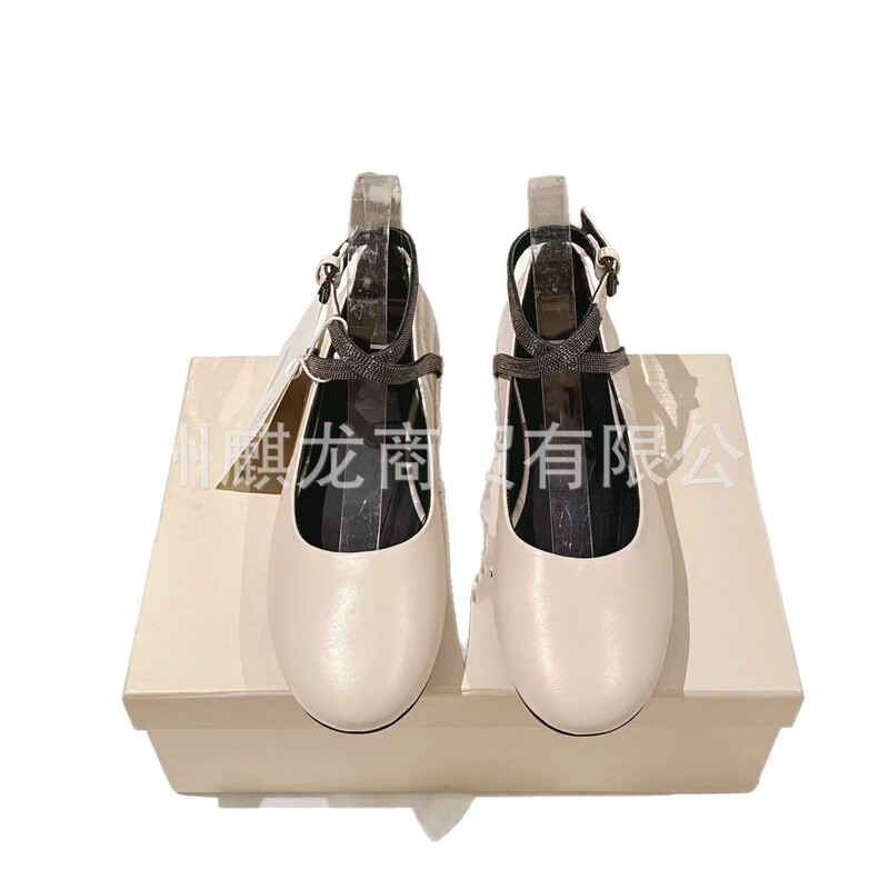 高端品质2025新款真皮圆头浅口平底手工串珠脚腕扣带芭蕾舞鞋单鞋|undefined