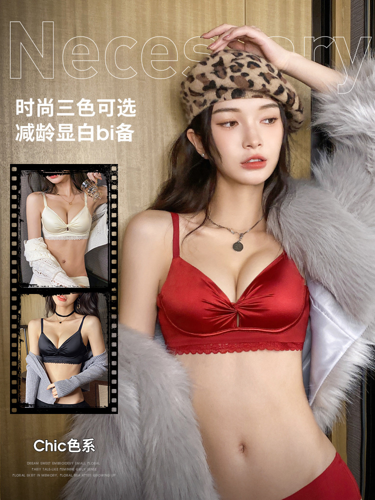 6618 nube satinado brillante estilo de lujo de gama alta de encaje rojo pequeño pecho reunido medio grueso taza sujetador traje