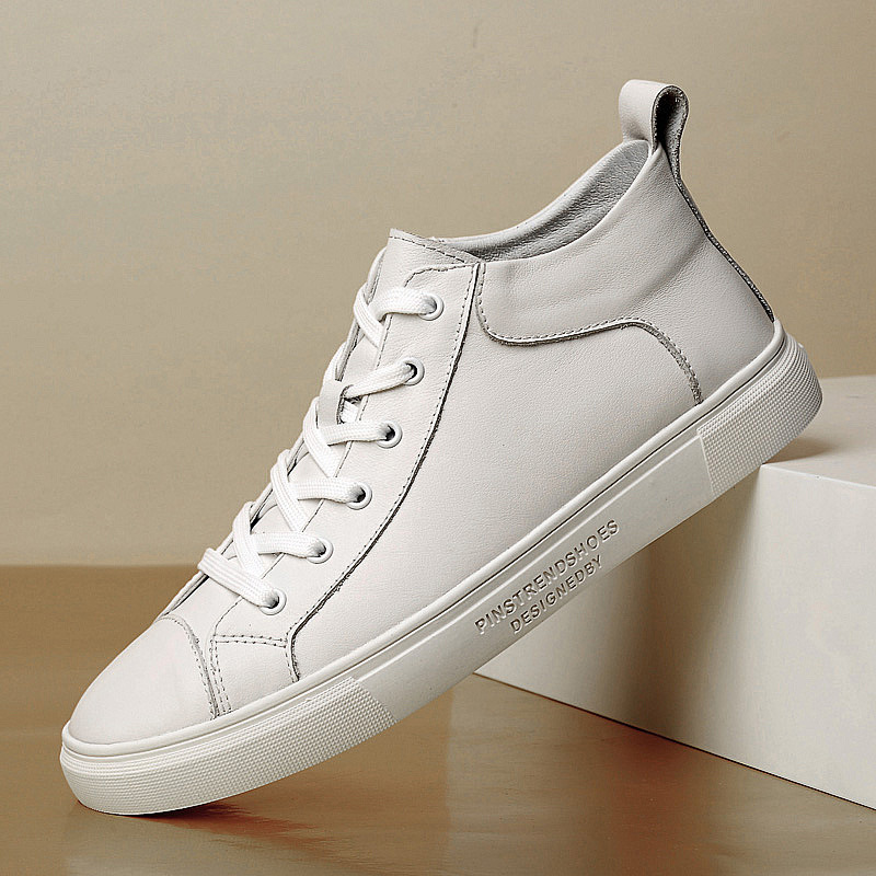Fashionable Men's High-Top Sneakers, White Shoes, Autumn and Winter Genuine Leather, First-Layer Cowhide, Flat-Soled, Retro, Warm, Sports and Leisure
