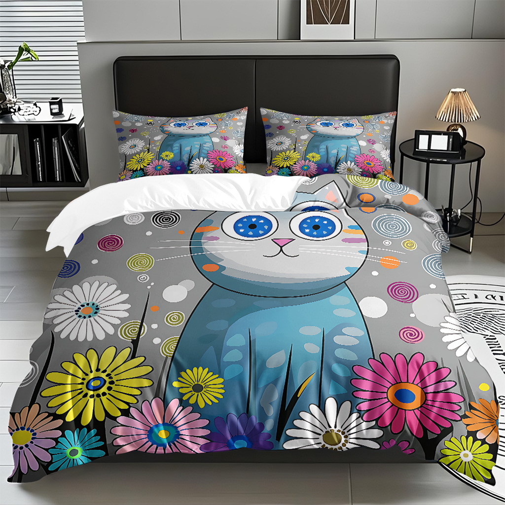 Transfronterizo textil doméstico molido caricatura gatito impresión digital suave permeable colcha colcha set fuente fábrica Temu / JIT