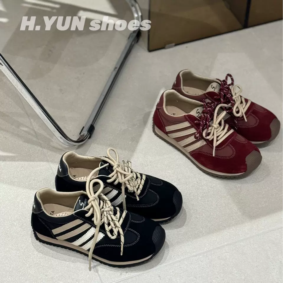 红韵～复古拼色系带休闲运动圆头内增高德训鞋女真皮板鞋通勤