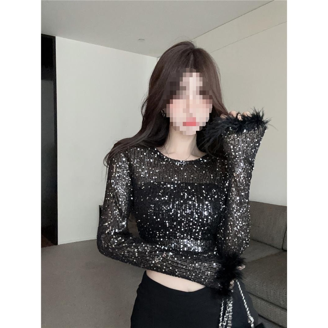 Hot Girl Sequined Shiny Top Cuff Stitching Ostrich Feather Long Sleeve Short