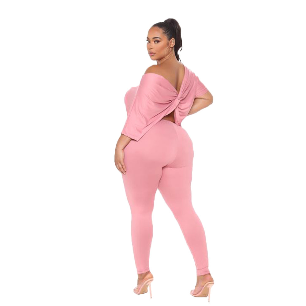 plus size loose casual back twisted backless solid color top pants two-piece set Nihaostyles wholesale clothing vendor NSCN76406