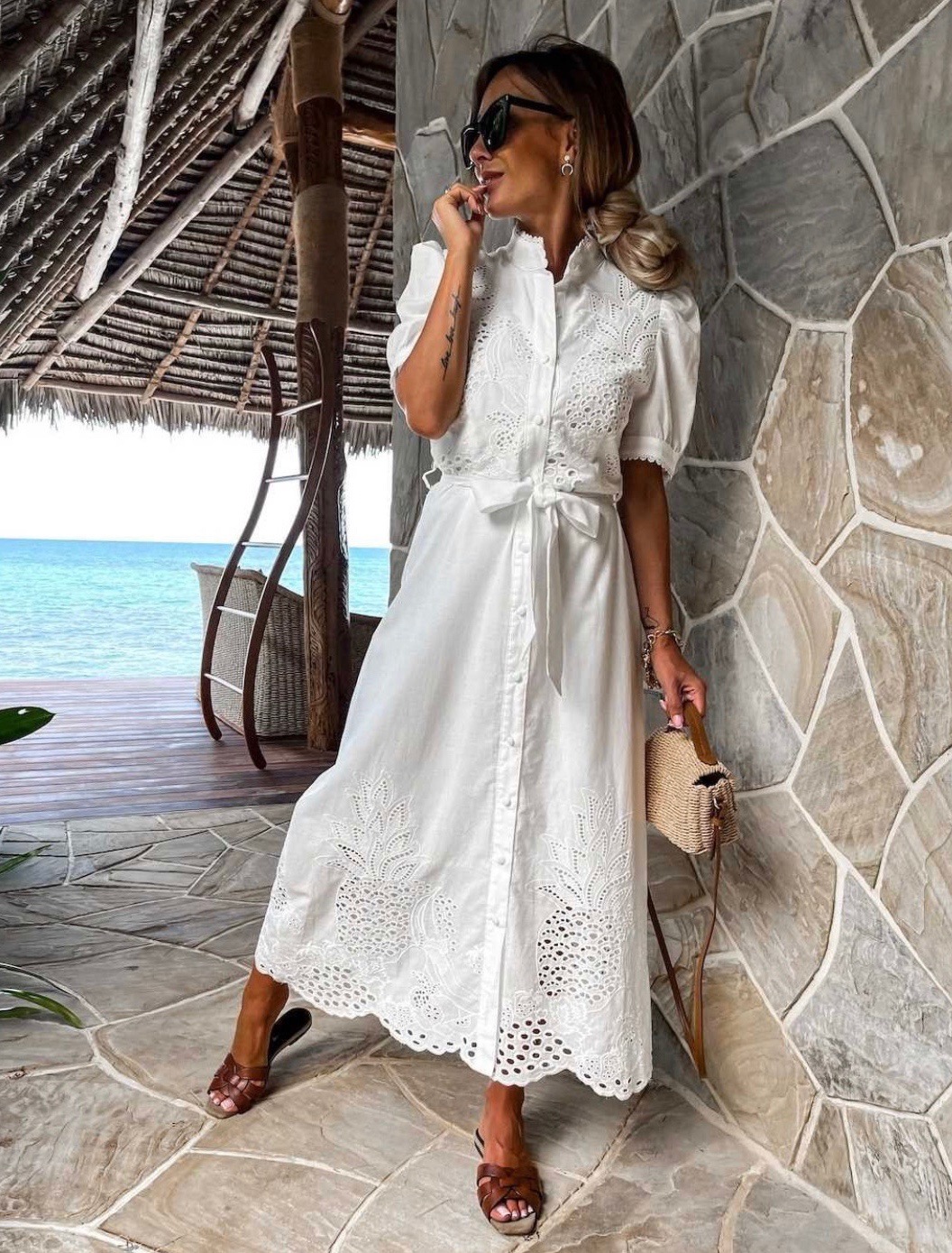 Mid Waist Waist Line Wholesale Women's Vacation Hollow Out Solid Color Pineapple Holiday Beach Standing Collar Half Sleeve Swing Dress Shirt Dress