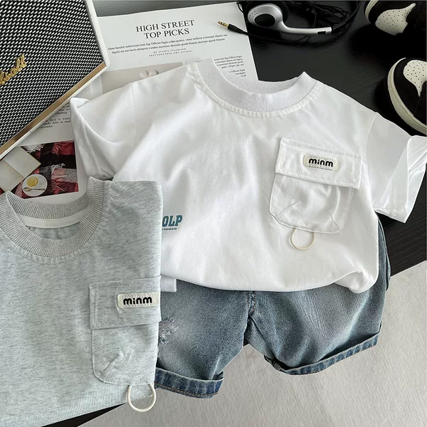 Boys Summer Clothes Letter Pocket suit Baby Summer Sports Children's Clothes Children's Short-sleeved Handsome 4 Baby 3 Clothes