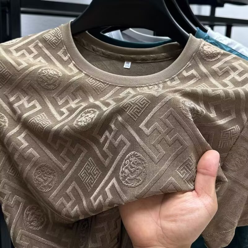 薄手ジャカード半袖上着越境氷糸夏半袖tシャツ中年男性新型通気カジュアル丸襟|undefined
