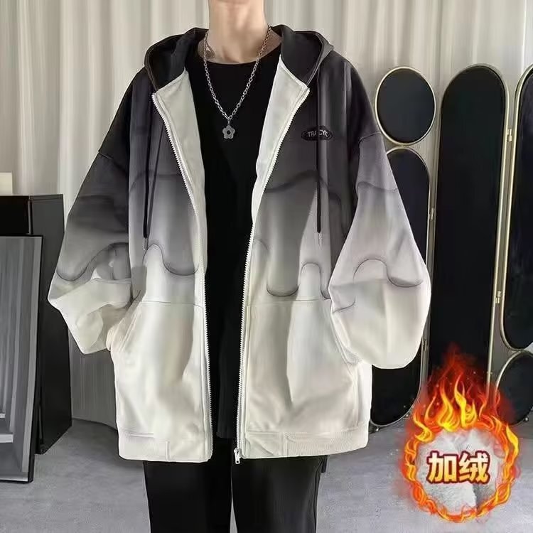 Tie-dyed Gradual Coat Men's Loose Korean-style Cardigan Sweater 2022 New Autumn Couple Fleece-lined Hooded Top Tie-dyed Gradual Coat Men's Loose Korean-style Cardigan Sweater 2022 New Autumn Couple Fleece-lined Hooded Top