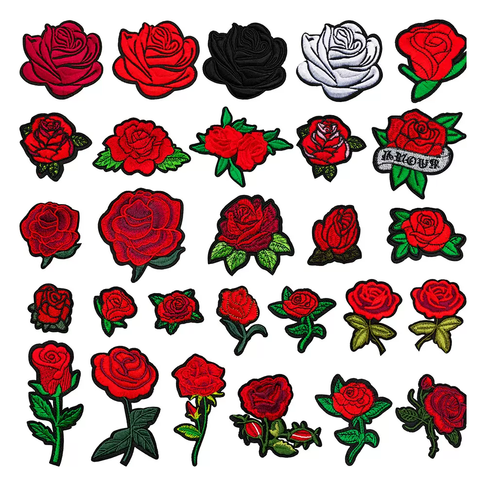 热销电脑绣花大红玫瑰花刺绣布贴免缝热熔背胶补丁贴服装辅料贴布